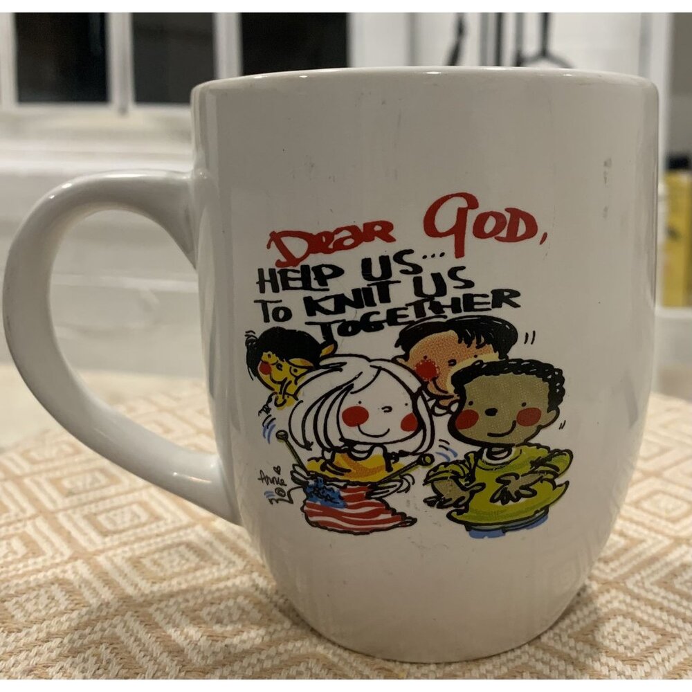 Vintage "Dear God" Ceramic Mug With Colorful Cartoon Characters & Motivational Q